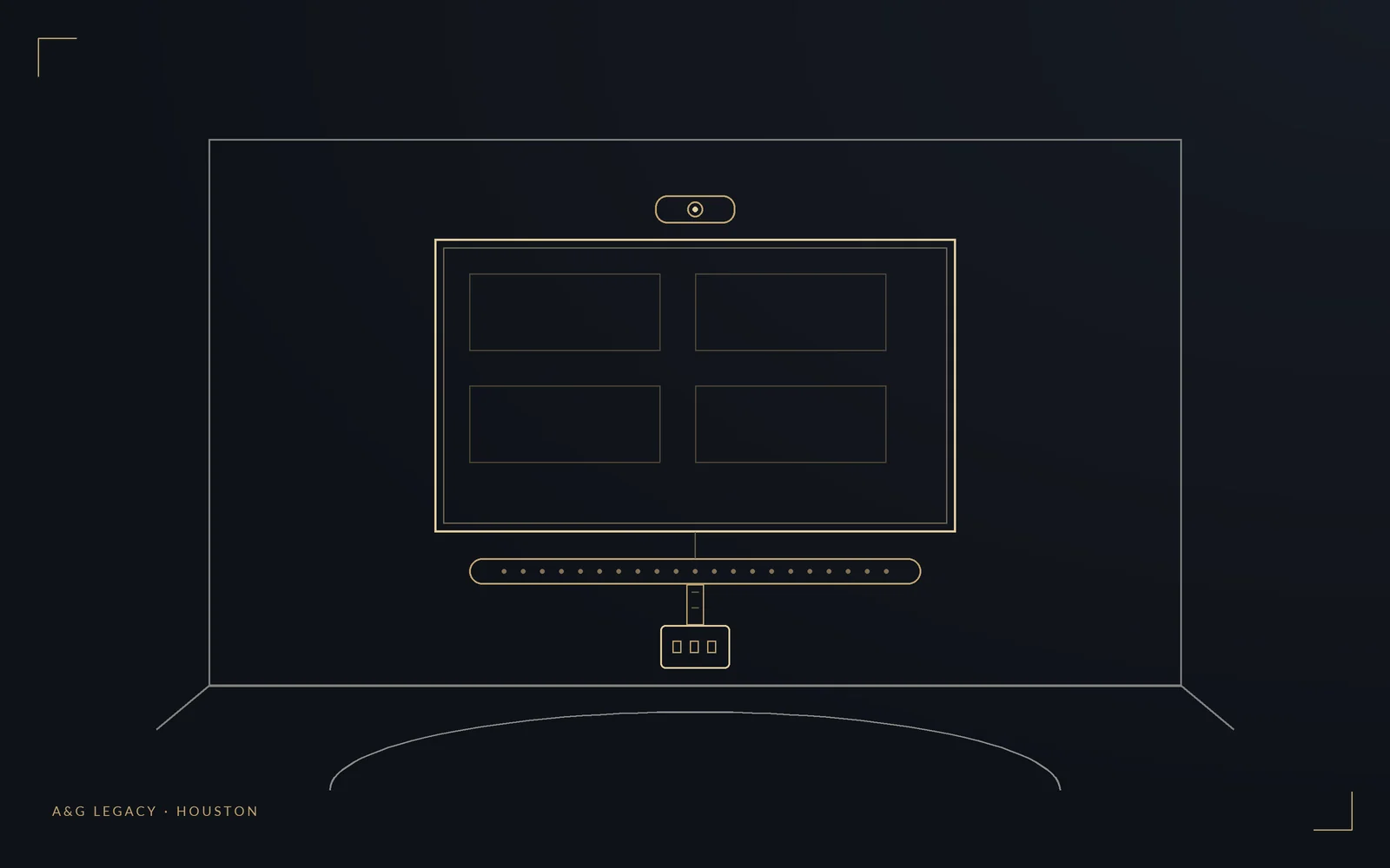 Gold line-art illustration of a wall-mounted display, speakers, and a conference camera in a Houston meeting room