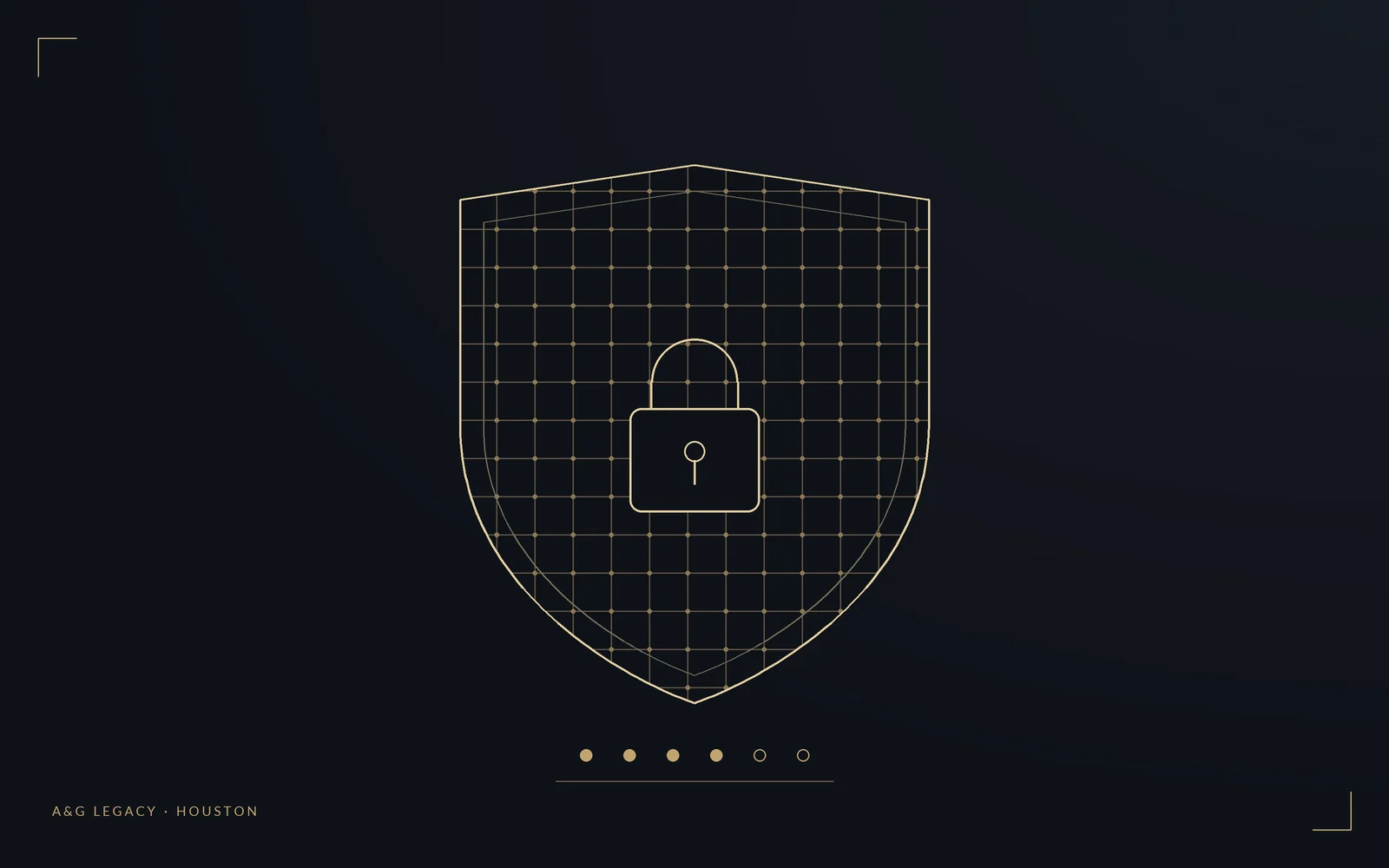 Gold line-art illustration of a shield, lock, password vault, and two-factor code protecting a Houston small business