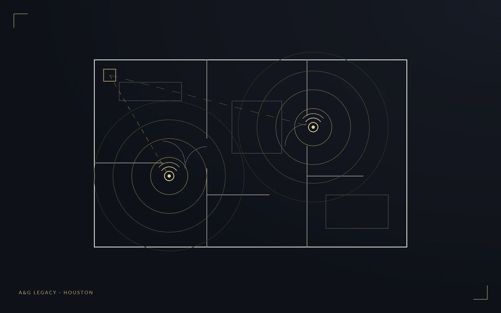 Gold line-art illustration of a business WiFi network with access points covering a Houston office